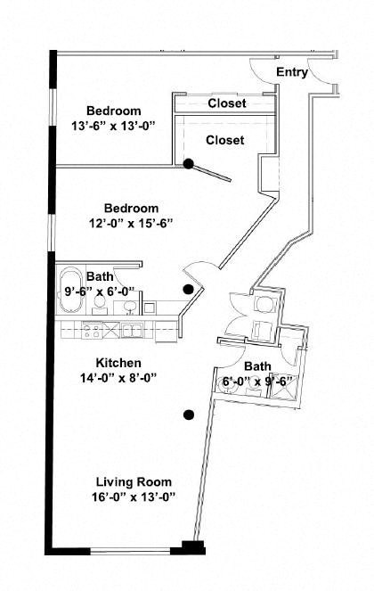 Floor plan for 2 beds, 2 baths, 1536 sqft